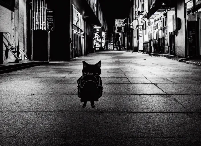 Image similar to photography of a Cat carrying a backpack . in a cyberpunk street. award winning photo, led lighting, night, 24mm, sharp, high res