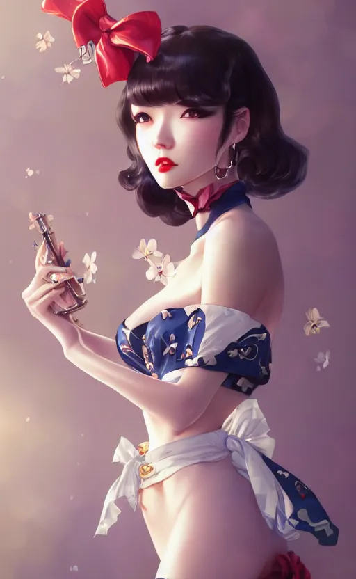 Image similar to a pin up and beautiful fashion charming dreamlke korea girl with lv jewelry, character art, art by artgerm lau and kyoung hwan kim and and ilya kuvshinov and john singer sargent, hyperdetailed, 8 k realistic, symmetrical, frostbite 3 engine, cryengine, dof, trending on artstation, digital art