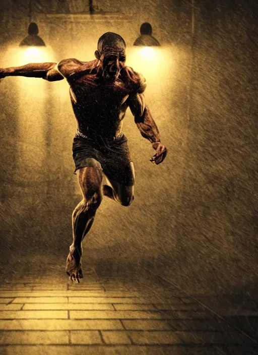 Prompt: photorealistic a human being in muscle running in the middle of the night horror practical fx cinematographic