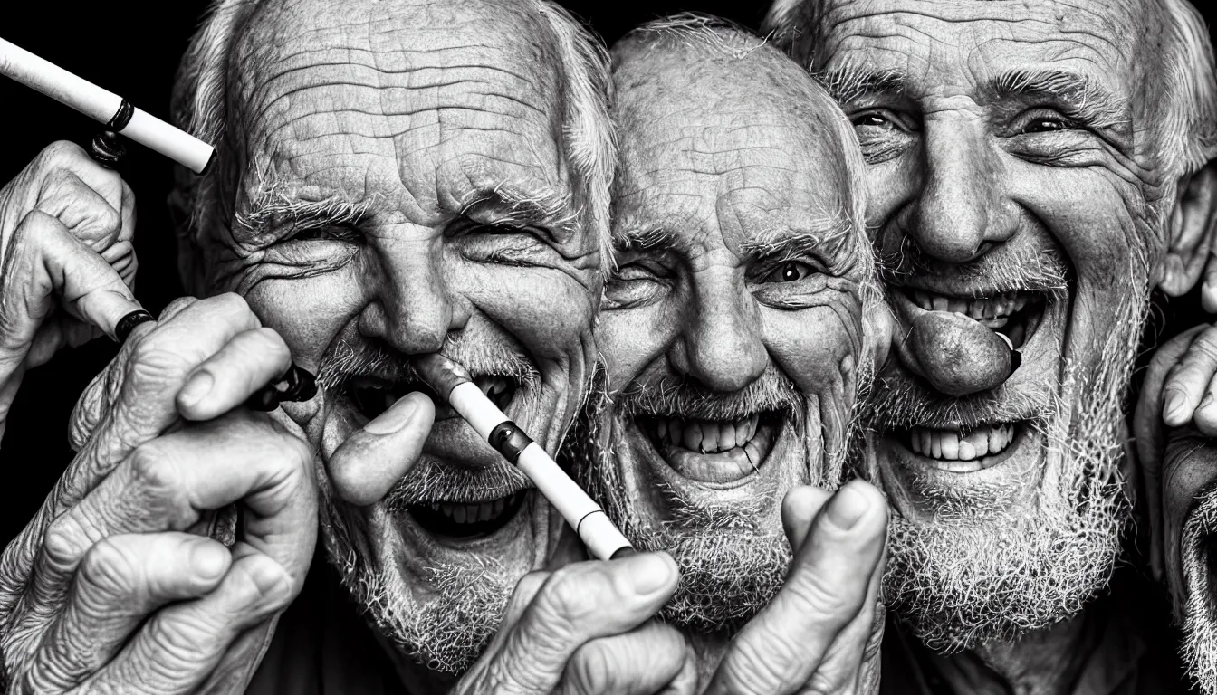 Image similar to hyper realistic color photo, portrait of a single weathered old man and aesthetic laughing woman smoking pipe, cables, vapour emerge from their eyes, dramatic lighting and shadow!!, full colour, upscale, 8 k, masterpiece