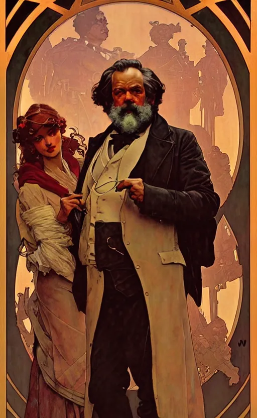 Image similar to karl marx daughter gorgeous lighting by weta studio, mucha, bautista and norman rockwell and greg rutkowski and tom bagshaw and james gurney and lucasfilm