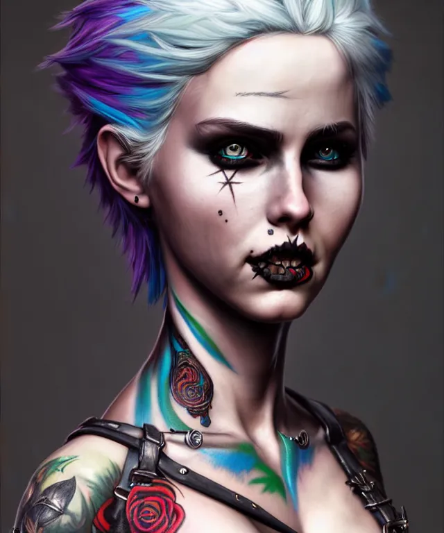 Image similar to ciri dressed as a punk, side buzzed, rainbow hair, tattoos, face piercings, beautiful, highly detailed face, true anatomy!, extremely detailed!, digital painting, unreal engine 5, art by tom bagshaw