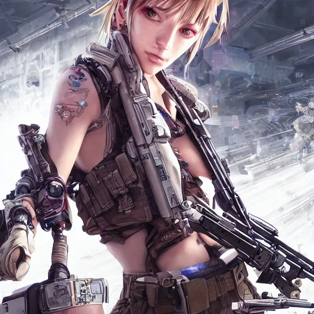 Image similar to the portrait of lawful neutral female cyberpunk marine sniper as absurdly beautiful, gorgeous, elegant, young gravure idol, an ultrafine hyperdetailed illustration by kim jung gi, irakli nadar, intricate linework, bright colors, octopath traveler, final fantasy, unreal engine 5 highly rendered, global illumination, radiant light, detailed and intricate environment