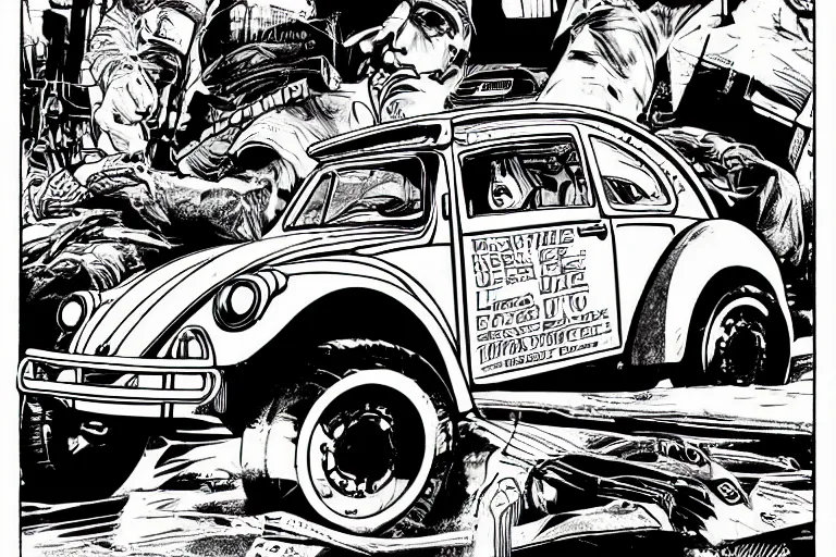 Image similar to vw beetle dune buggy, a page from cyberpunk 2 0 2 0, style of paolo parente, style of mike jackson, adam smasher, johnny silverhand, 1 9 9 0 s comic book style, white background, ink drawing, black and white