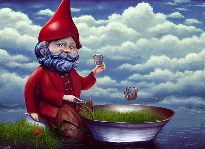 Image similar to a garden gnome sailing in a bucket, background of a reflective pond on a sunny day with dramatic clouds, an ultrafine detailed painting by mark ryden, trending on deviantart, pop surrealism, whimsical, lowbrow, joyous, perfect symmetrical face