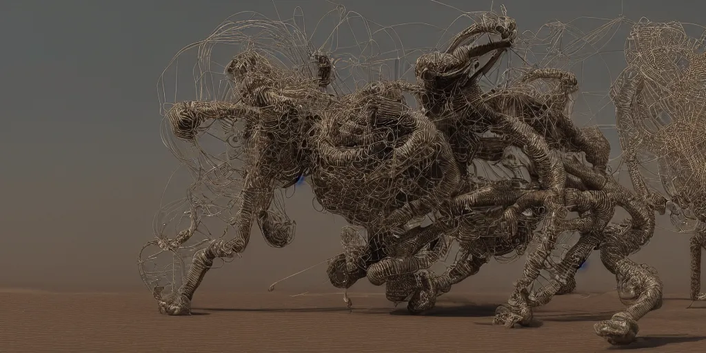 Prompt: A George Miller film, an ornate real characters made out of intricate metallic filament webs with cutaways to see into the Endocrine system built out of dust and light, floating in the desert night, hyper-realism, very detailed feel, rendered in Octane, tiny points of light, caustic, 4k, beautiful lighting, foggy