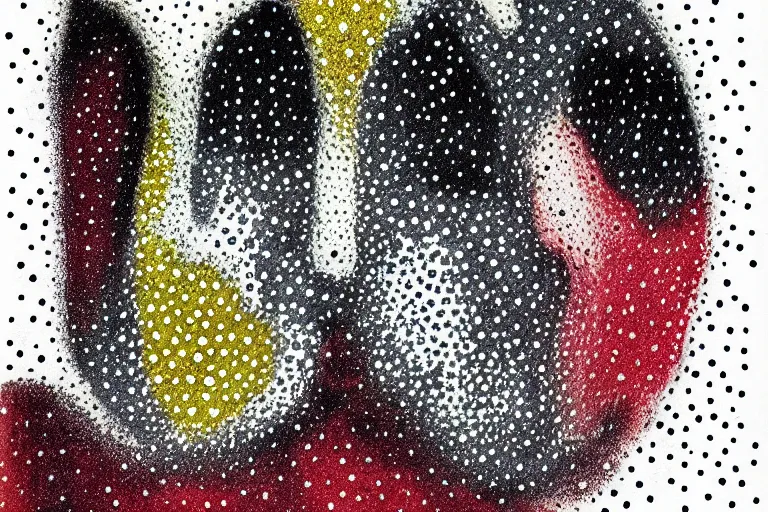 Image similar to teeth, smile, faceless people dark, dots abstract, dripping, stipple, pointillism, technical, abstract, minimal, style of francis bacon, asymmetry, pulled apart, stretch, cloak, eerie, made of dots, abstraction chemicals, balaclava mask, colored dots, sploch