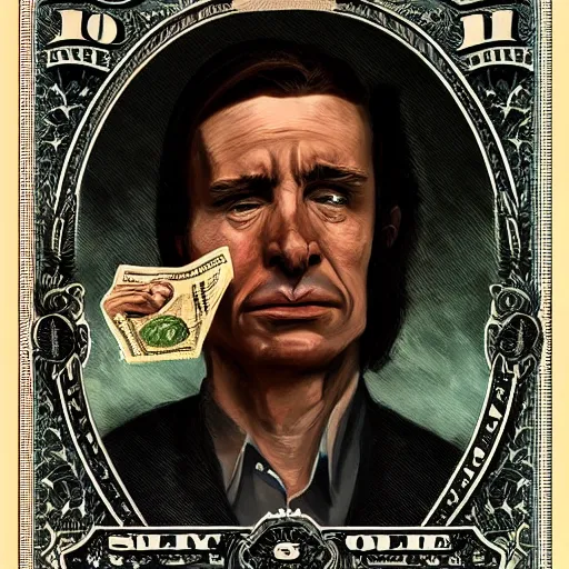 Image similar to portrait of sad man holding out his last dollar bill. Trending on artstation