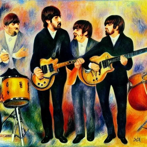 Image similar to Painting of The Beatles, in the style of Renoir