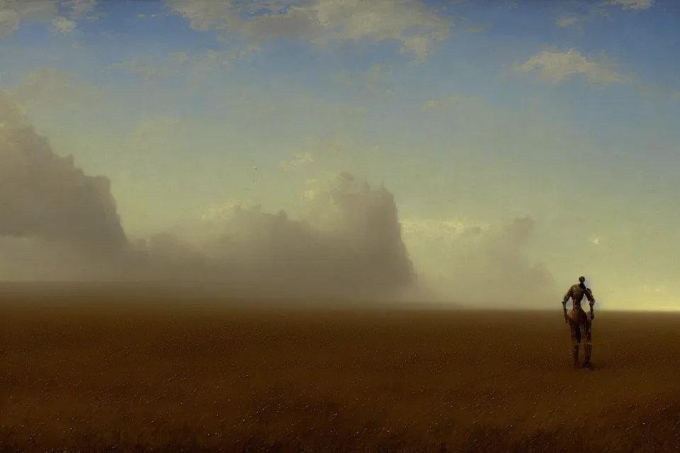 Image similar to concept art of the closed back view of one humanoid robot on the ground, many closed big tall buildings that are obvious to see, vast wheat fields, by Ivan Aivazovsky, godrays, atmospheric, cinematic, distant world, wide angle, detailed