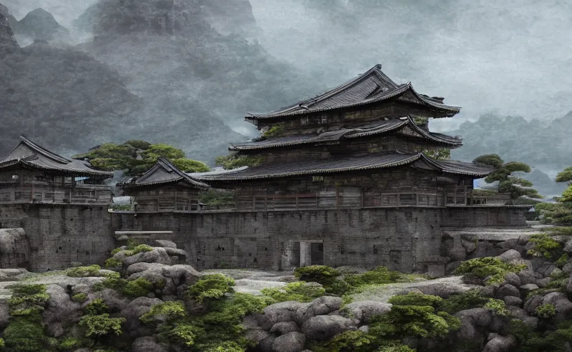 Image similar to highly detailed render of old, ruined, japanese fort from sengoku period, surrounded by dense rock formations, high in mountains, overcast weather, environment concept art, photobash, unreal engine render, nanite