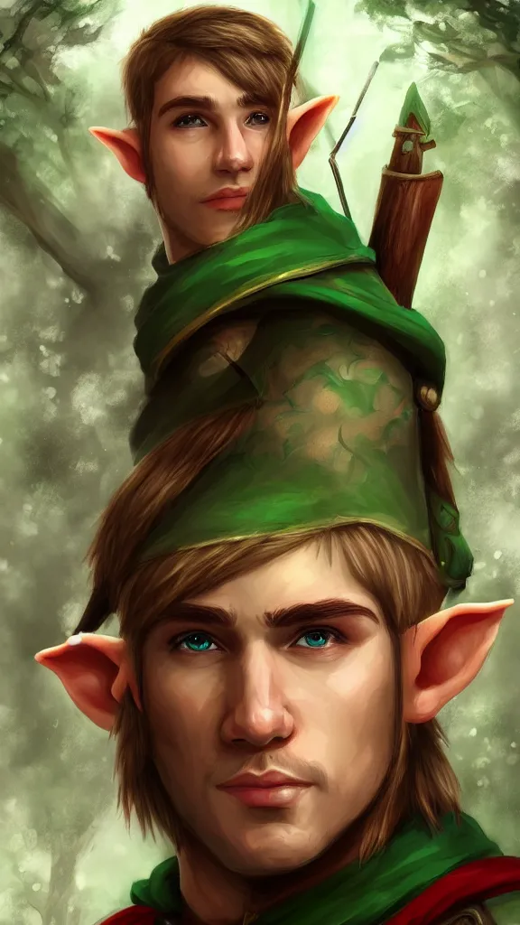 Prompt: beautiful strong male elf archer portrait, magical forest background, trending on artstation, award - winning