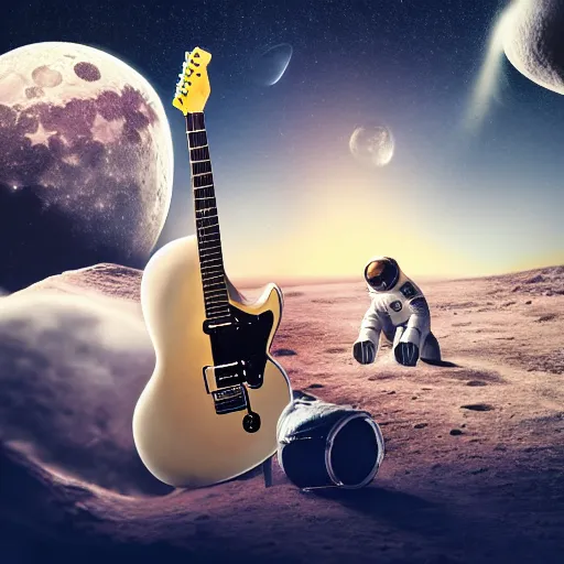 Prompt: photo of a detailed, realistic, regular sized, sitting idle fender electric guitar next to a sitting idle beer can and an astronaut sitting down on the moon surface. detailed photo. realistic photo. cinematic. cinematic shot