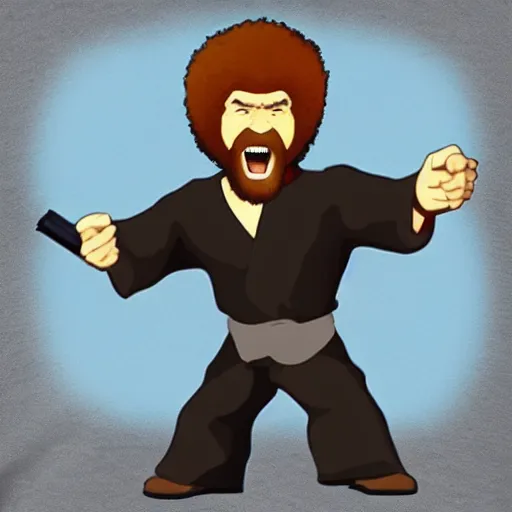 Image similar to bob ross screaming at ninjas