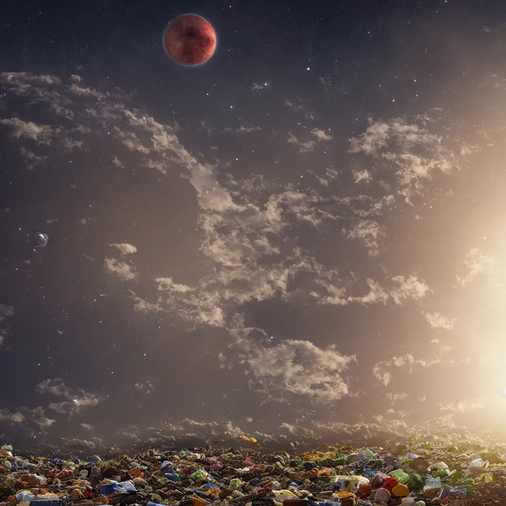 Prompt: garbage planet floating in the sky, photorealistic image, very detailed