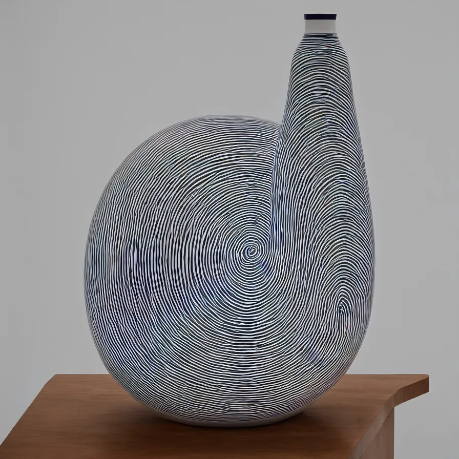 Image similar to beautiful gallery show studio photograph of a giant ceramic sculpture of a bottle, glazed by bridget riley and victor vasarely, placed on a polished wooden table, hyperrealism 8 k trending on artstation