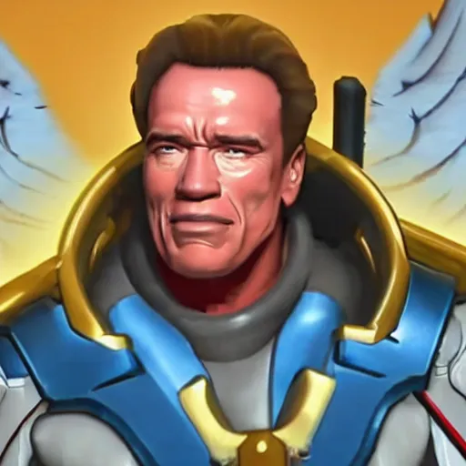 Image similar to a screenshot of arnold schwarzenegger as mercy in overwatch