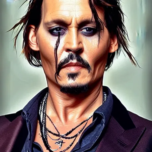 Image similar to face mash of johnny depp and ana de armas in the style of annie liebowitz portrait