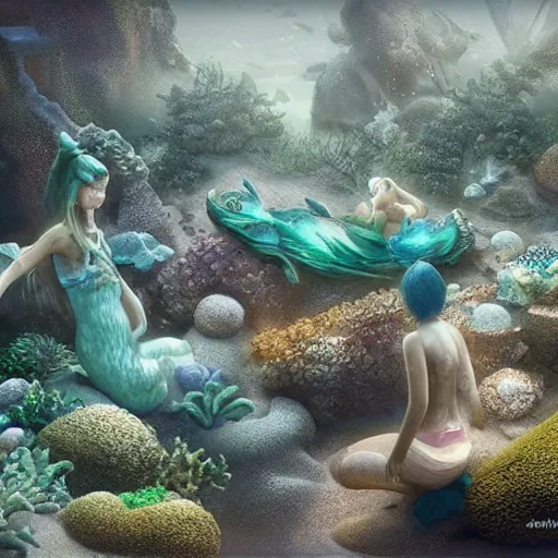Prompt: partly underwater merpeople town made of rocks and sand, cute style garden, octane render, algae - trees, evergreen, patio, garden, wet atmosphere, tender, soft light misty yoshitaka amano, and artgerm