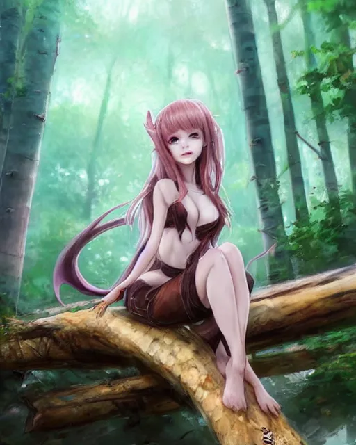 Image similar to concept art of a beautiful dragon girl hybrid, wearing tight medival clothes, sitting on a log in an aspen forest | | cute - fine - fine details by stanley artgerm lau, anime style, wlop, rossdraws, james jean, andrei riabovitchev, marc simonetti, and sakimichan, trending on artstation