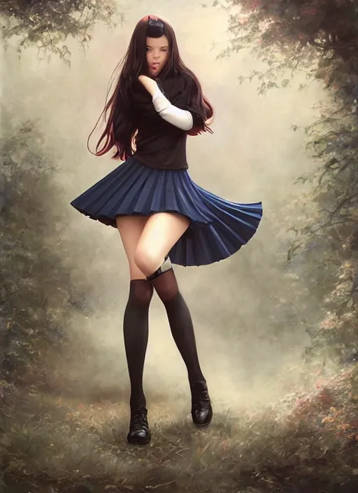 Image similar to a beautiful woman with school uniform, seifuku, pleated miniskirt, overknee socks, adriana lima, painted by artgerm and tom bagshaw, fantasy art, dramatic lighting, highly detailed oil painting, volumetric lighting