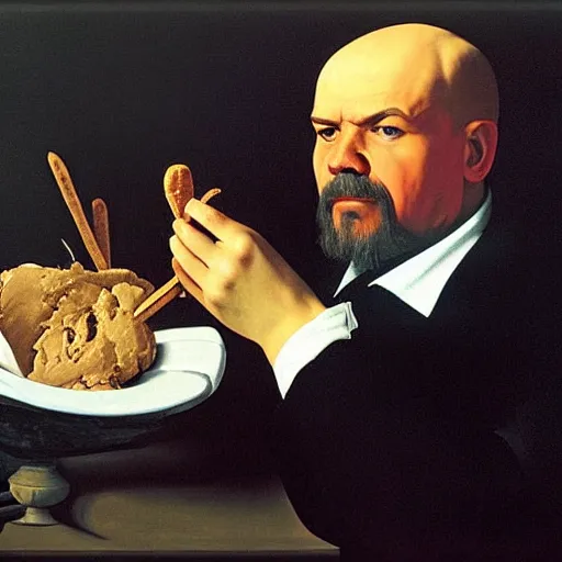 Prompt: Vladimir Lenin eating an ice cream. Painted by Caravaggio