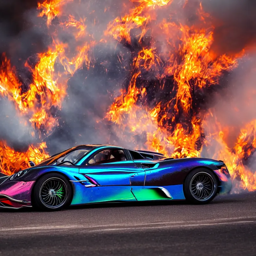 Image similar to close - up of an iridescent rainbow pagani huayra on fire after a big crash, 8 k, highly detailed, realistic, award winning, look at all that detail!