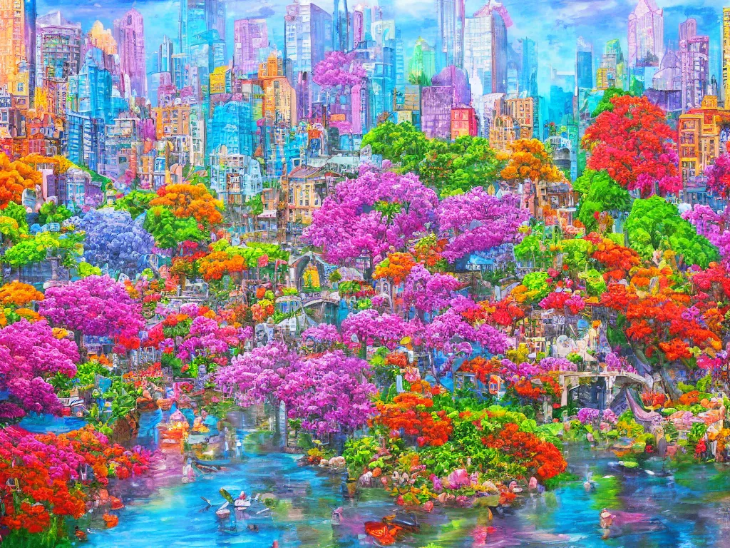 Image similar to city in bloom, colorful detailed painting, lots of details, 4k