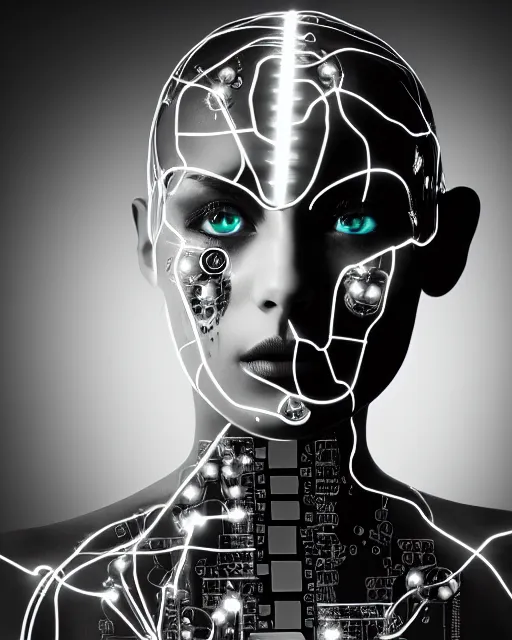 Prompt: black and white artistic photo, young female cyborg - plant goddess, microchip, artificial intelligence, bio - mechanical bio - luminescence, black wired cables, cinematic, rim light, photo - realistic, 8 k