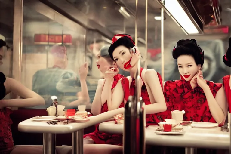 Prompt: movie interior closeup beautiful Chinese fashion model team closeup joking at 50s diner, night in the city, beautiful skin, by Emmanuel Lubezki