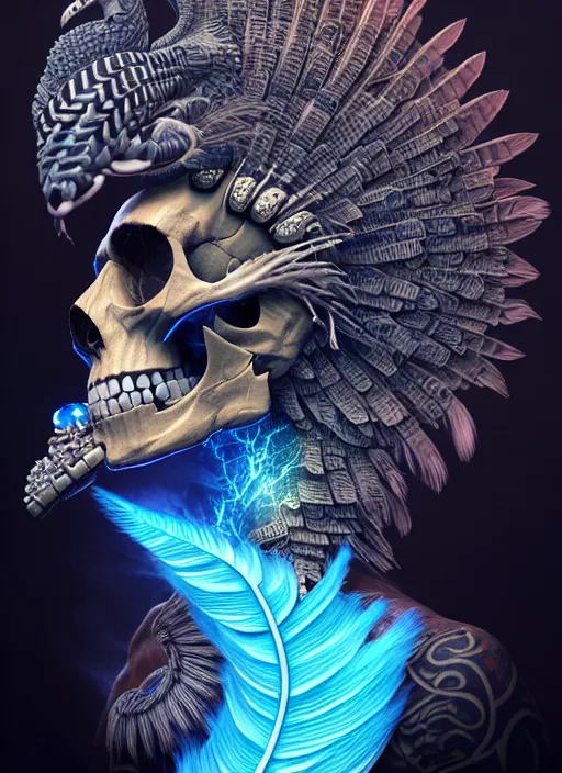 Image similar to 3 d shaman with tattoos profile portrait, sigma 5 0 0 mm f / 5. beautiful intricate highly detailed quetzalcoatl skull and feathers. bioluminescent, plasma, lava, ice, water, wind, creature, thunderstorm! artwork by tooth wu and wlop and beeple and greg rutkowski, 8 k trending on artstation,