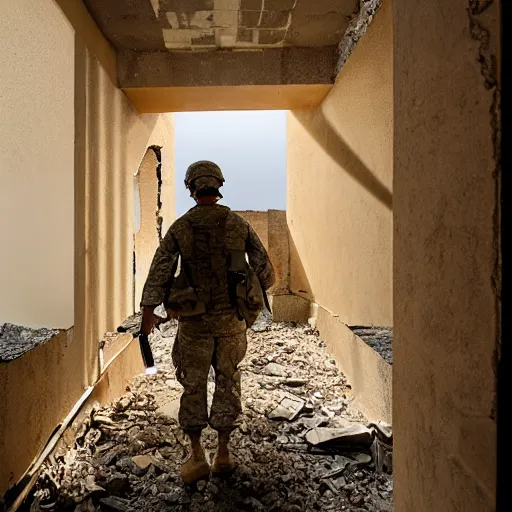 Image similar to American soldiers entering the ruins of an apartment, cinematic, professional photography, low-angle, behance