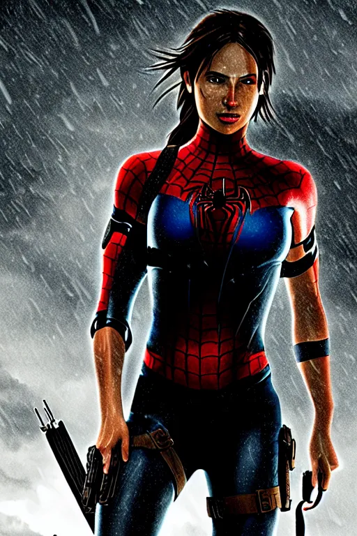 Prompt: cinematic!!!! of lara croft as spiderman!!!!!!, dramatic rain, 8 k, moody lighting