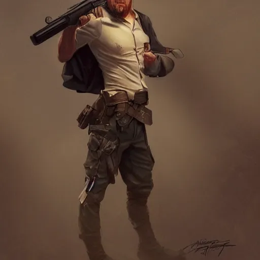 Image similar to mustle manly man holding a gun, elegant, dynamic pose, highly detailed, digital painting, artstation, concept art, matte, sharp focus, illustration, art by Artgerm and Greg Rutkowski and Alphonse Mucha