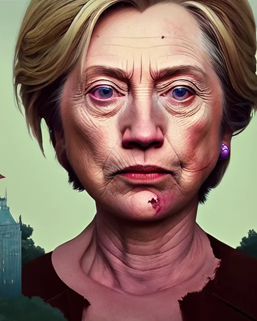 Image similar to highly detailed vfx portrait of a beaten up hillary clinton, stephen bliss, unreal engine, greg rutkowski, loish, rhads, beeple, makoto shinkai and lois van baarle, ilya kuvshinov, rossdraws, tom bagshaw, alphonse mucha, global illumination, detailed and intricate environment