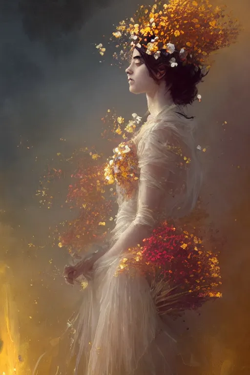 Prompt: a stunning elegant girl made of flowers and golden silks. ethereal horror fantasy art by greg rutkowski and magali villanueve and monet, concept art, smooth, cinematic lighting, 8 k resolution