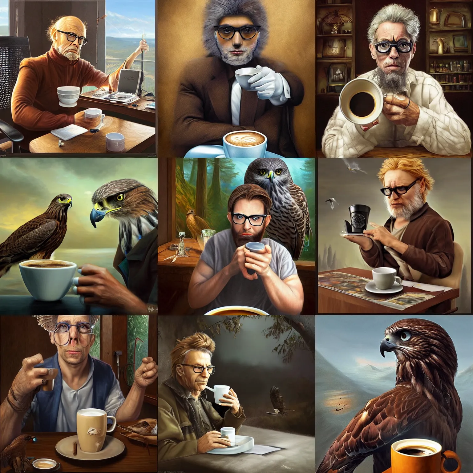 Prompt: a life-like photographic fantasy art raptorial composition of hawk with glasses and a cup of coffee working on a computer facial portraiture, in stunning digital paint, trending fantasy art by Michael Whelan