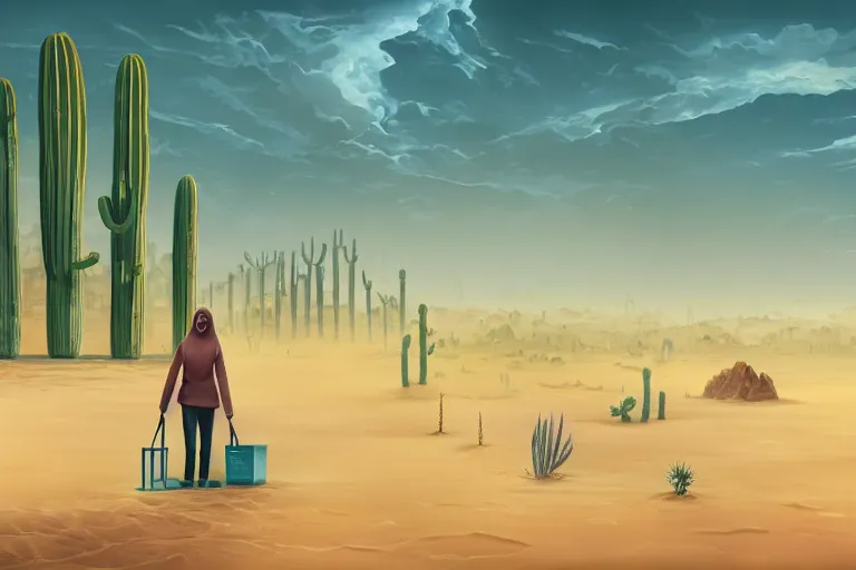 Image similar to a photo of a dystopian desert with loots of Cacti, sandy colours, sandy green, sandy, sandy beige, sobbing sad black silhouette of a person, cantered, by Cyril Rolando, trending on DeviantArt, desolated, dark, 8k resolution, rendered in Zbrush, simplistic