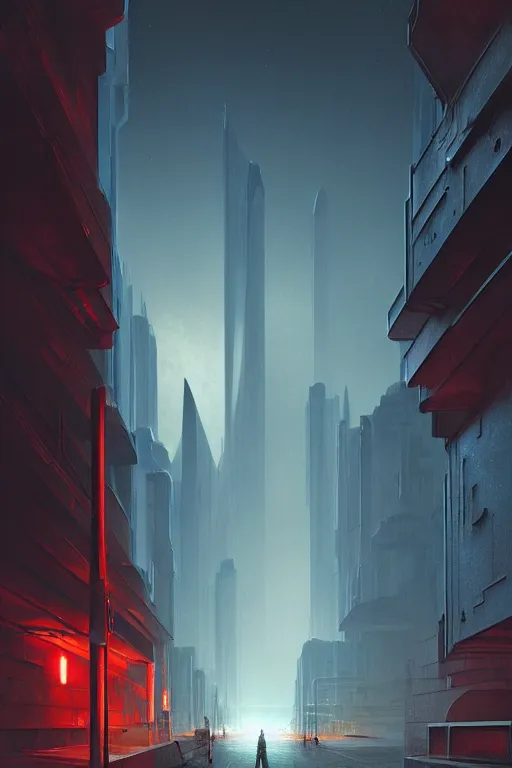 Image similar to emissary futuristic downtown with red street lamps, windows lit, marble, by tim blandin and arthur haas and bruce pennington and john schoenherr, cinematic matte painting, zaha hadid building, photo realism, dark moody color palate, blue hour stars, desolate glacial landscape,