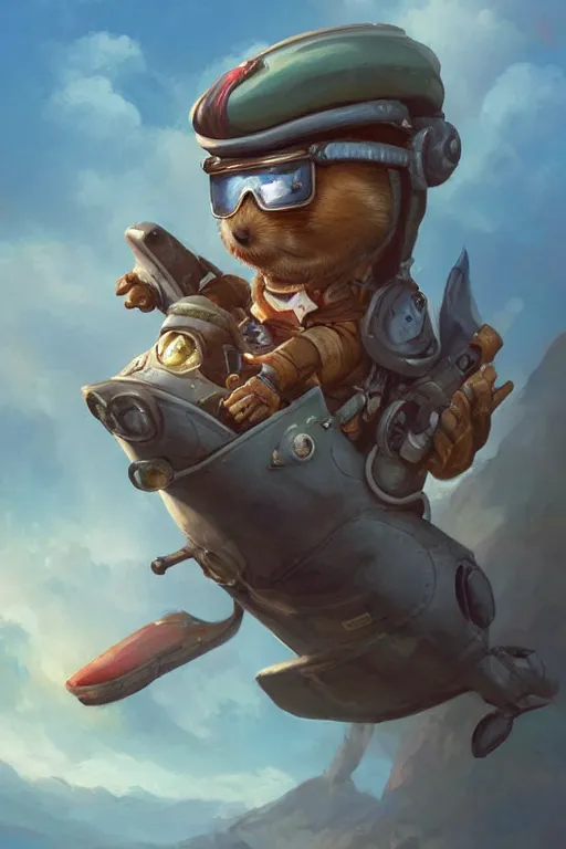 Image similar to cute little anthropomorphic Guinea Pig Piloting a helicopter , tiny, small, short, Pilot outfit, cute and adorable, pretty, beautiful, DnD character art portrait, matte fantasy painting, DeviantArt Artstation, by Jason Felix by Steve Argyle by Tyler Jacobson by Peter Mohrbacher, cinematic lighting