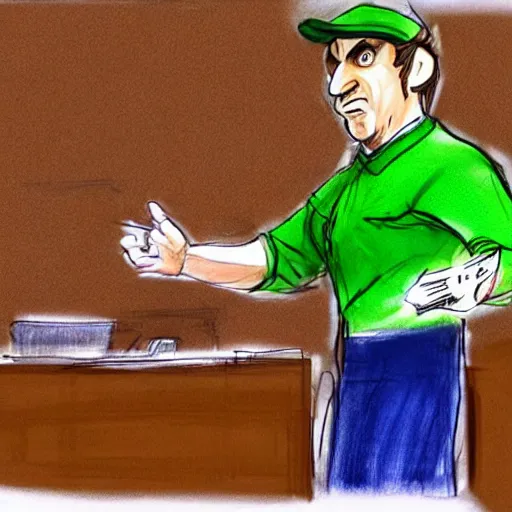 Image similar to a court sketch of saul goodman defending super mario in court, sketch art, court sketch art, saul goodman, mario, very sketchy court sketch