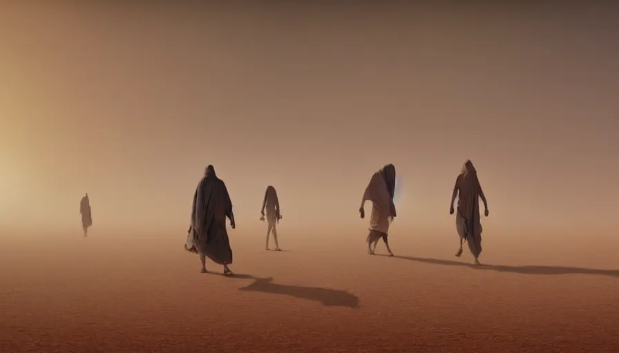 Prompt: desert people walk through the desert, dust storm, fine details, digital art, volumetric lighting, cinematic light, photorealistic, by greg rutkowski, by marc simonetti, perfect faces, fine details, 4 k,