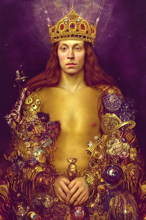 Prompt: “A majestic portrait of The God Emperor of Mankind with a crown sitting in a gold throne,johannes voss,titian, Tom Bagshaw, Sam Spratt, maxfield parrish, gustav klimt , cinematic, hyper realism, high detail, 8k, intricate, gold green and purple colors”