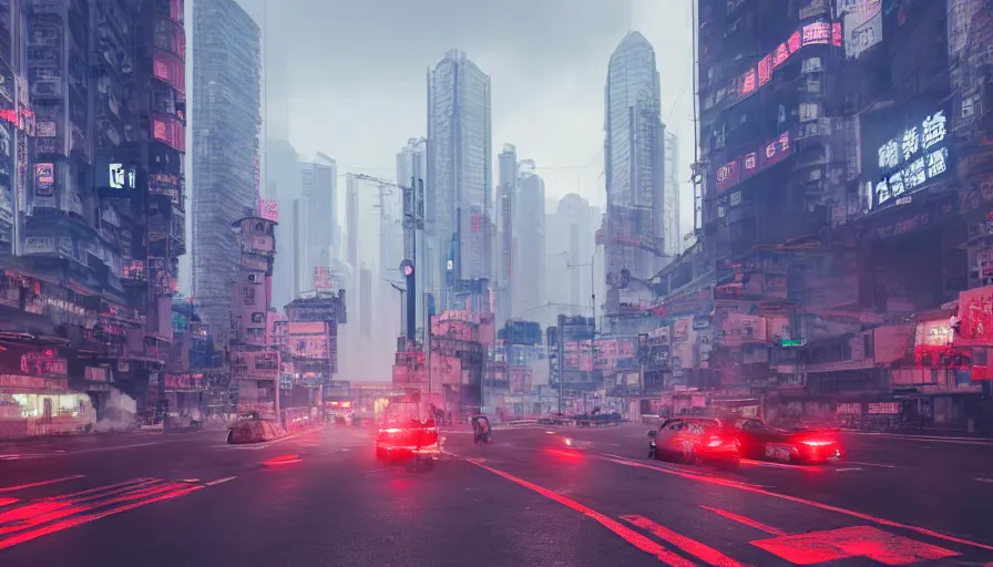 Image similar to Hong Kong in 2077, cyberpunk, steam covering the road,