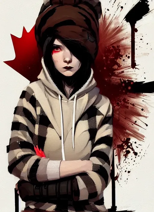 Image similar to highly detailed portrait of a sewer punk canadian lady, tartan hoody, white hair by atey ghailan, by greg rutkowski, by greg tocchini, by james gilleard, by joe fenton, by kaethe butcher, gradient red, brown, blonde cream and white color scheme, grunge aesthetic!!! ( ( graffiti tag wall background ) )