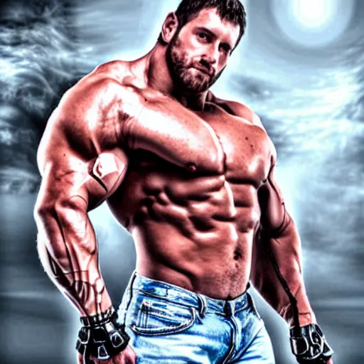 Image similar to a realistic detailed photo of a bodybuilder who is also a male android Chris Redfield, shiny skin, posing robotically, blank stare