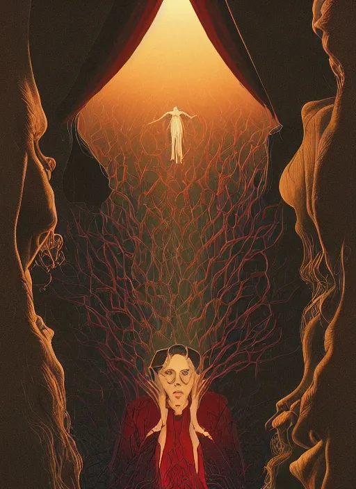 Prompt: poster artwork by Michael Whelan and Tomer Hanuka, Karol Bak of A warped understanding of the wake of its last pained memory, yet quite raw like that same wound that holy water never closed up, from scene from Twin Peaks, clean, simple illustration, nostalgic, domestic, full of details