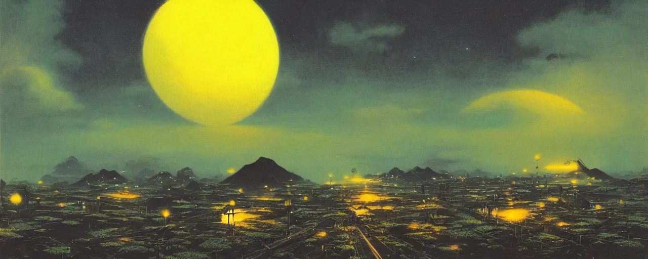 Prompt: awe inspiring bruce pennington landscape, digital art painting of 1 9 6 0 s, japan at night, 4 k, matte, blue and yellow, warm, old, air perspective