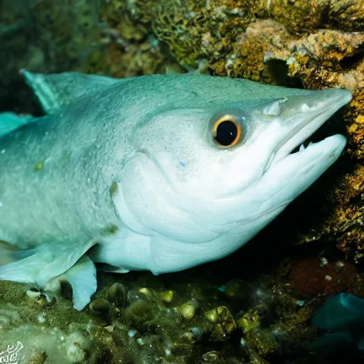 Image similar to incredibly detailed atlantic cod, very realistic, underwater, beautiful photo, national geographical, underwater photography, canon 5 d,