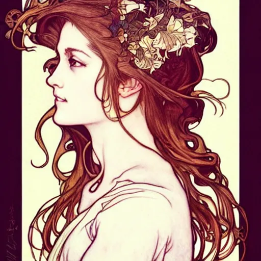 Prompt: in the style of artgerm, arthur rackham, alphonse mucha, evan rachel wood, symmetrical eyes, symmetrical face, flowing white dress, hair blowing, intricate filagree, warm colors, cool offset colors
